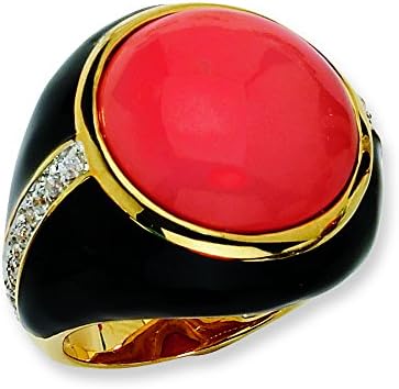 Gold-Plated Sterling Silver Blk Enam Simulated Red Coral &amp; Cz Ring, Size 8