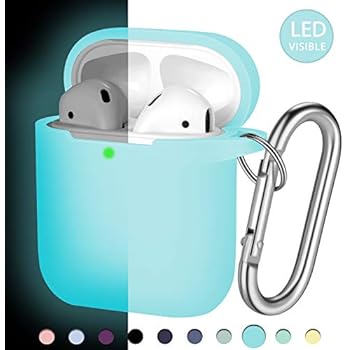Hamile AirPod Case Protective Cover, [Front LED Visible] Luminescent Shockproof Soft Silicone Case Cover Skin Compatible for Apple AirPods 2 & 1, with Portable Carabiner (Light Blue-Nightglow Blue)