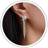 Erimberate Bohemian Crystal Star Tassel Dangle Earrings Gold Star Sleek Chain Drop Earrings Cz Paved Star Stud Earrings Long Star Tassel Chain Earrings Jewelry for Women Gifts
