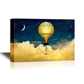 Canvas Wall Art - Man Flyinig with Bulb-Like Hot Balloons Over The Clouds at Night - Gallery Wrap Modern Home Art | Ready to Hang - 12x18 inches