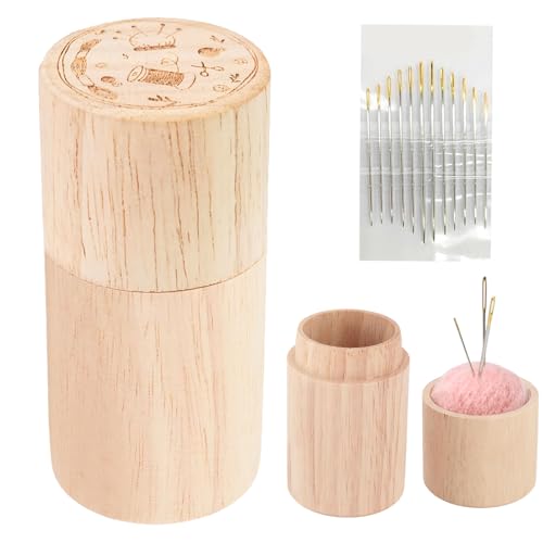 TECHPLUS Pin Cushion - Wooden Sewing Needle Holder Pincushion- Portable Pin Holder with 12 Embroidery Needles - for Stitching, Hand Crafts, Knitting, Women Girls