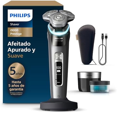 i9000 Prestige, Afeitadora Eléctrica Hombre, Máquina de Afeitar Barba en Seco y Húmedo, Tecnología SkinIQ, Base de Carga, Recargable, Estuche de Viaje, Centro de limpieza, XP9202/30
