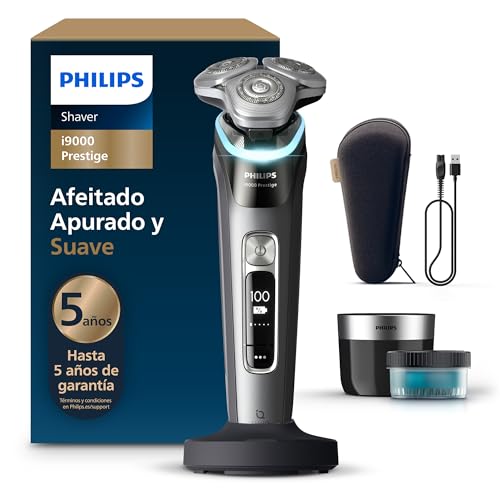 i9000 Prestige, Afeitadora Eléctrica Hombre, Máquina de Afeitar Barba en Seco y Húmedo, Tecnología SkinIQ, Base de Carga, Recargable, Estuche de Viaje, Centro de limpieza, XP9202/30