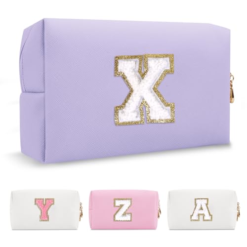 Personalisierte Make-up-Tasche mit Initiale A-Z, adrette Patch-Tasche, kleine Reise-Kosmetiktasche mit Reißverschluss, weiß, niedlicher Kulturbeutel,