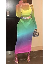 Vestido largo de malla sexy para mujer con mangas largas y coloridas