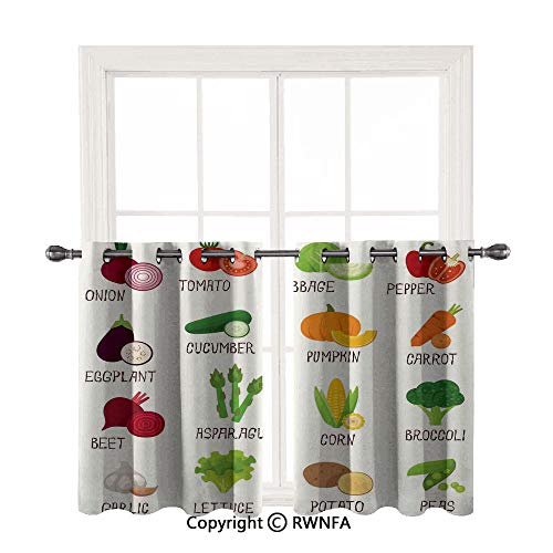 Home 2 Panels Tiers Small Window Treatment,Vegetables Pattern Retro Cafe Home Pumpkin Tomato Cabbage Pepper Patato,Curtain Blackout Drape Short Panel,42"x72" White Green Red,Set of 2