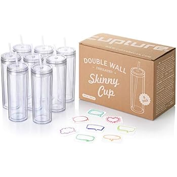 Cupture Skinny Acrylic Tumbler Cups with Straws - 18 oz, 8 Pack (Clear)