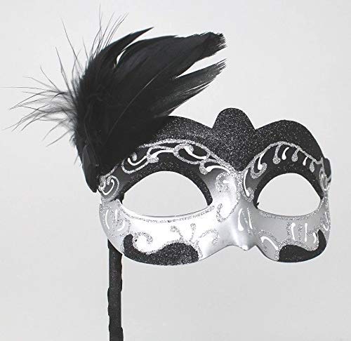 LADIES BLACK & SILVER VENETIAN MASQUERADE HALLOWEEN CARNIVAL PARTY EYE BALL FEATHER MASK ON A STICK