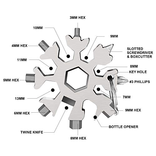 ATHLERIA 18-in-1 Snowflake Multi Tool Set - Stainless Steel Multitool Kit with Credit Card Tool, Carabiner - Pocket Multifunctional Gadgets for Outdoor Camping (Silver)