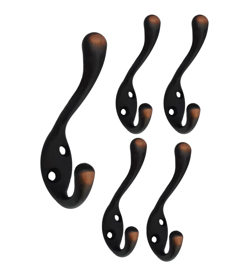 QCAA Premium Quality Heavy Duty Coat and Hat Hook Hanger, 3-3/8", Zinc Die Cast, ORB Oil-Rubbed Bronze, Made in Taiwan, 5 Pack