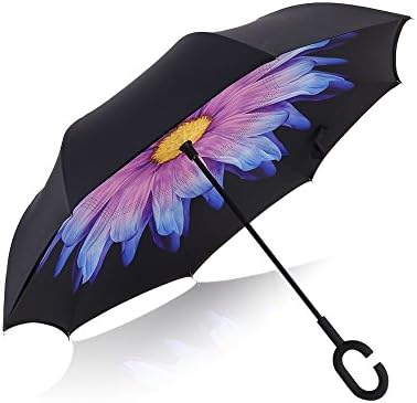 Double Layer Inverted Umbrella UV Protection Windproof Reverse Umbrella Large with C-Shaped Handle for Car Travel (Daisy Purple)