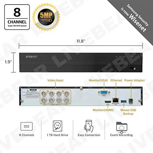 Wisenet SDH-B84045BF 8 Channel Super HD DVR Video Security System with 1TB Hard Drive and 4 5MP Weather Resistant Bullet… - Image 3
