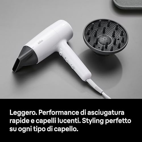 Asciugacapelli Braun HD2.21, potente con diffusore e concentratore, Tecnologia IONTEC, motore da 2200W, 3 temperature e 2 velocità, bianco, BRHD235E