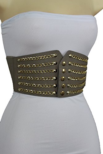 TFJ Women Fashion Corset Belt Wide Waist Gray Faux Leather S M Gold Chains