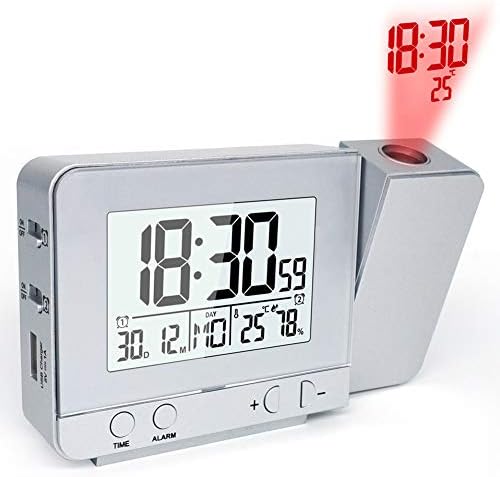 Fitrt Alarm Clock - Multifunctional, 180 Degrees Rotatable Ceiling Projector, Temperature Humidity(Silver)