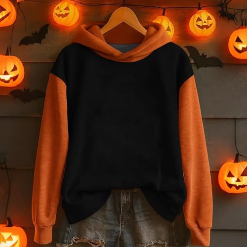 JOASDAO Halloween Hooded Sweatshirts Women, Orange Hoodie Women Halloween Costume Novelty Color Block Patchwork Long Sleeved Cute Pullover Holiday Party Tops School Jumpers