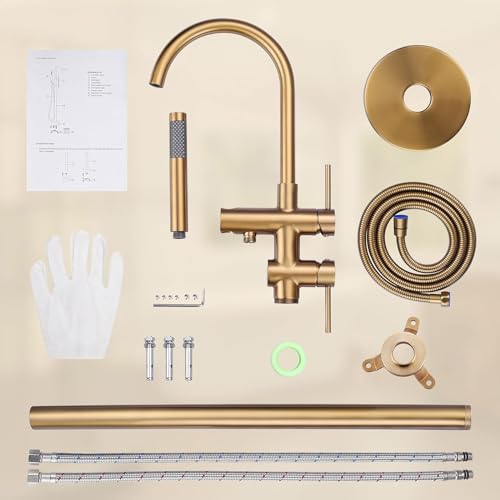 ARCORA Floor Bathtub Tap, Freestanding Bathtub Mixer, Pillar Bathtub Tap with Hand Shower, 360° Swivel, Copper and Stainless Steel, Ceramic Cartridge, Gold