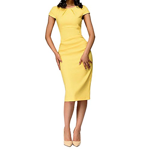 2018 New! Women Work Dresses,Summer Casual Solid Short Sleeve Slim Pencil Mini Dress (Yellow, L)