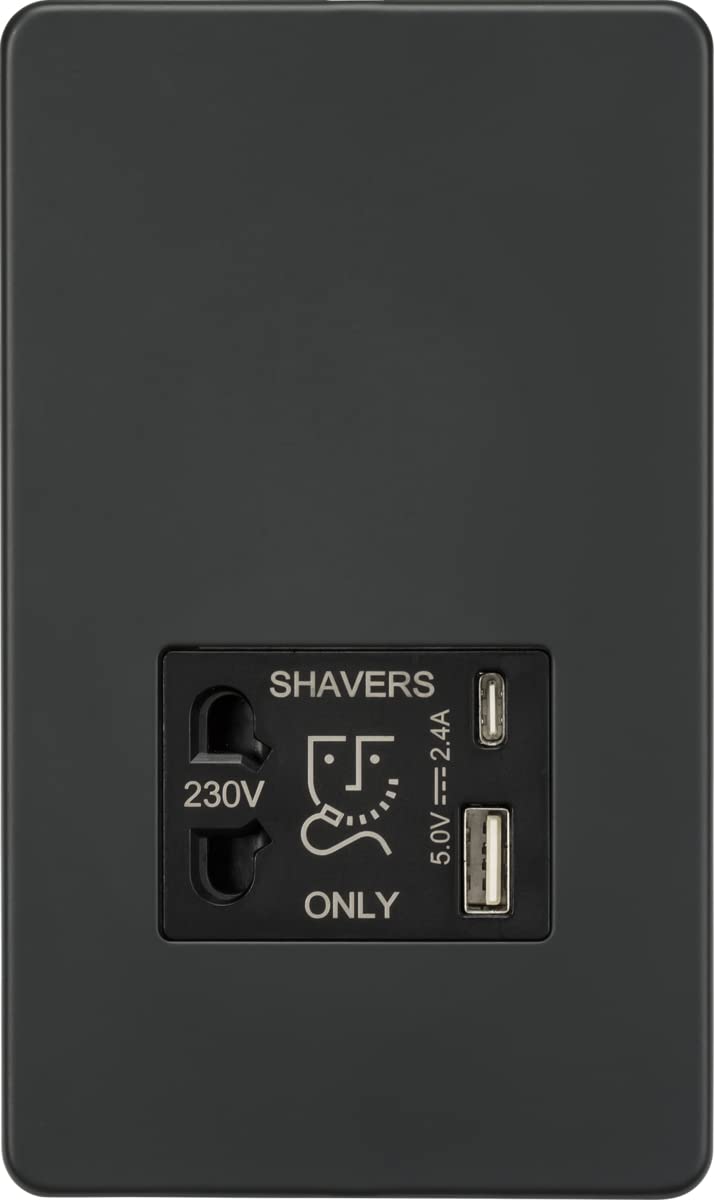 Knightsbridge Screwless Shaver Socket with Dual USB A+C (5V DC 2.4A Shared) - Anthracite
