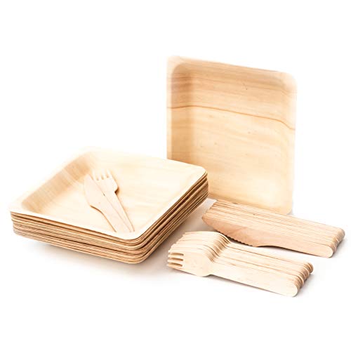 Bamboo Plates with Bamboo Cutlery Set 25 Pack EcoFriendly