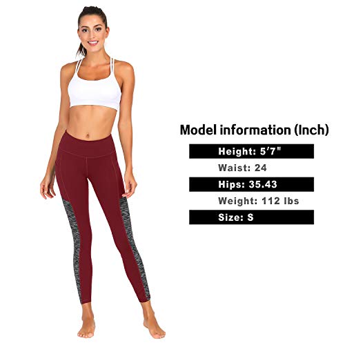 ESPIDOO High Waist Yoga Pants with Pockets for Women Tummy Control Non See-Through 4 Way Stretch Yoga Leggings, Wine Red, S