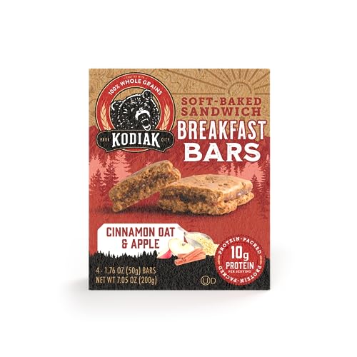 KODIAK SOFT BAKED SANDWICH BREAKFAST BAR, CINNAMON OAT & APPLE, HIGH PROTEIN, 100% WHOLE GRAINS, 1 BOX WITH 4 BARS EACH (4 BARS TOTAL)