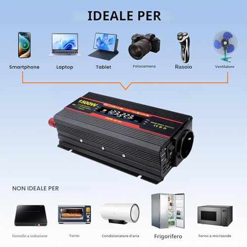 Lnopever 1500 W Power Inverter 12 V 220 V, Premium Avec Alum Cigare, Current Converter with 2 USB Ports, for Car, Steam Boat, Car Camper Refrigerator and Computer