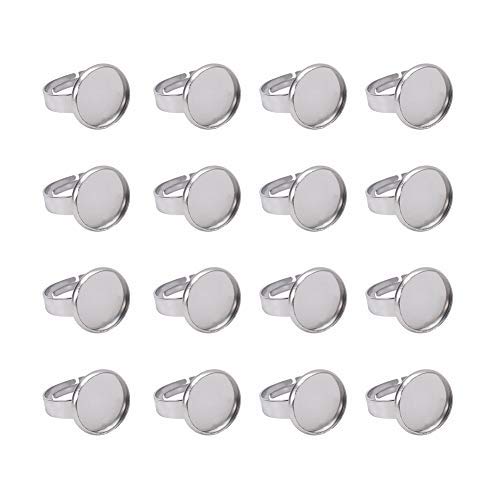 UNICRAFTALE 50pcs Stainless Steel Ring Base Blank Bezel Adjustable Pad Cabochon Base Flat Round Finger Rings Components Findings for Jewelry Making Supplies 17mm, Tray 12mm