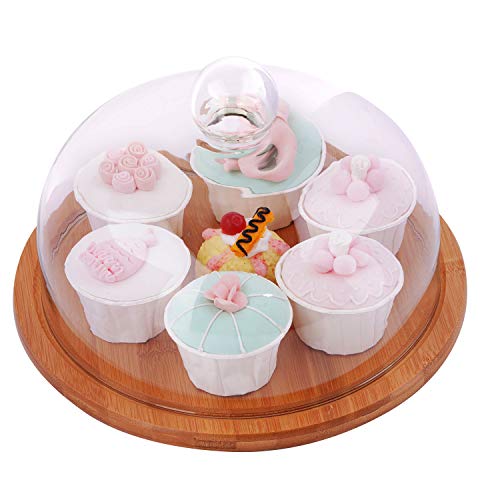 Round bamboo base serving tray with dome glass lid for Salad cheese bread cake snacks storage platter