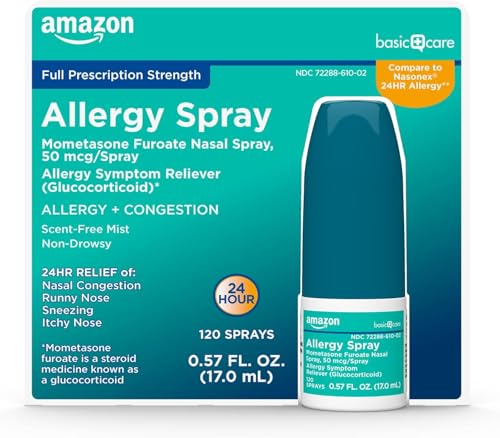 AMAZON BASIC CARE ALLERGY NASAL SPRAY, MOMETASONE FUROATE 50 MCG, 24-HOUR NON-DROWSY RELIEF, 120 SPRAYS, 0.57 FL OZ, COMPARE TO NASONEX