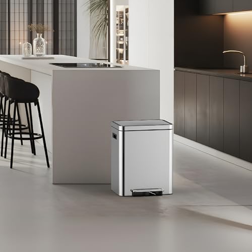 Garvee 30L Dual Compartment Trash Can, 2 x 15L Stainless Steel Recycling Bin with Soft Close Lid & Foot Pedal, 2 Removable Buckets, Rectangular Kitchen Dustbin