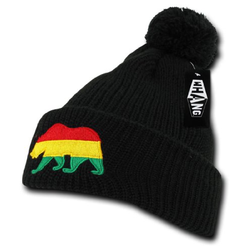 WHANG Stylish California Bear Pom Pom Cuffed Winter Beanie Skull Cap (Rasta-Black)