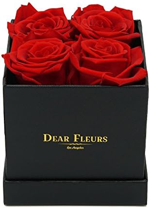 Dear Fleurs Handmade Preserved Flower Small Square Roses Box, Fresh Rose, Eternity Rose, Gift for Valentine's Day, Anniversary, Birthday (Red, Black Box)