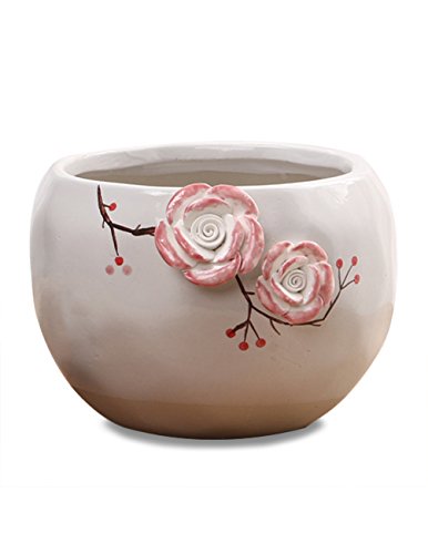 Dahlia Hand Carved Ceramic Succulent Planter/ Plant Pot/ Flower Pot/ Bonsai Pot, Two Pink Roses #4