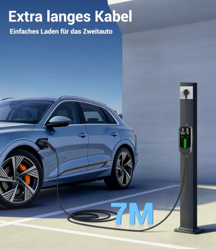 Type 2 Charging Cable Schuko 3.7 kW - 7 m | 6-16 A | 1-Phase Portable Charging Cable Car, Adjustable Charging Power, Setting Start Time, LCD Display, IP65 Waterproof, for All EVs (IEC 62196-2) & PHEVS