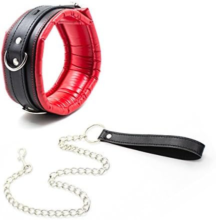 PVC Leather Choker Necklace Padded Collar with Chain Leash (Red)