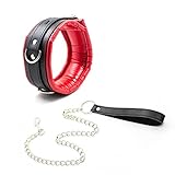 HOT TIME Bondage Leather Padded Chocker Neck Collar with Steel D-Rings to Match Long Chain Leash for Couple Sex Play,red and black