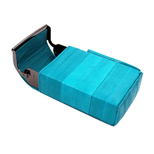 Automatic Rising Genuine Eel Skin Leather Sliding Cigarette Case with Lighter Holder (Teal) - Thumbnail 3