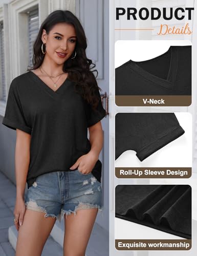PASUDA T-shirts Women Short Sleeve Blouse V Neck Women Summer T-Shirt Elegant Loose Basic Top Solid Color T Shirts Blouse Casual Shirts Comfortable Tee
