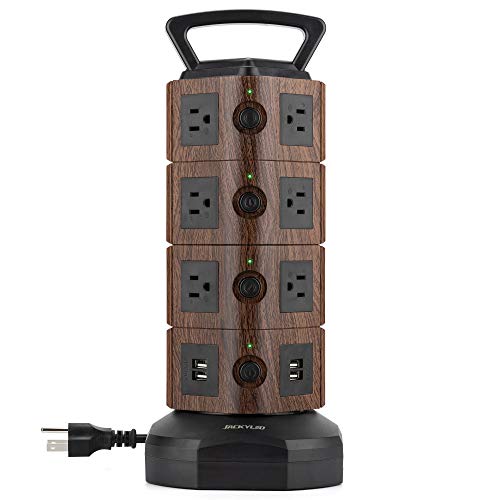 JACKYLED Power Strip Tower Surge Protector 14 AC Outlets and 4 USB Ports with 6.5ft Heavy Duty Extension Cord Electric Charging Station for Home Office Dorm Laptop Computer Walnut and Black