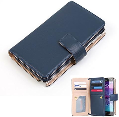 Genuine Leather Wallet Case for Samsung Galaxy Note 4 Smart View Flip Cover Case (Navy)
