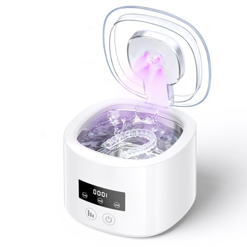 Ultrasonic Cleaner 50 kHz, Rechargeable Ultrasonic Cleaner 2000 mAh with 4 UV Lamps, 230 ml Container for Dentures, Toothbrushes, Aligners, Retainers, Dentures, Jewellery – White
