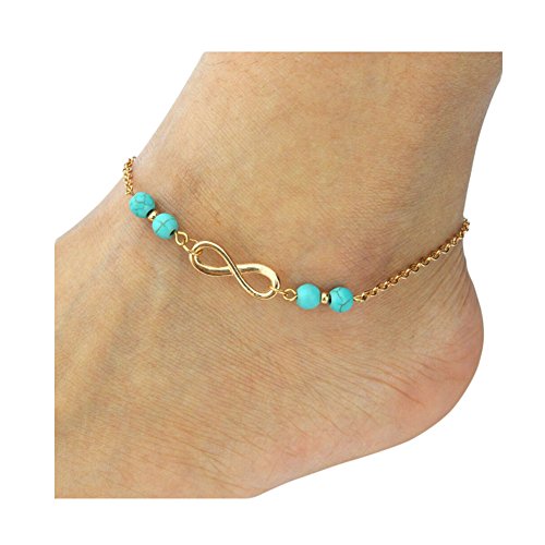 Zealmer Single Chain Infinite Gold Anklet Blue Beads Good Luck Ankle Bracelet Beach Foot Jewelry