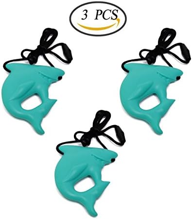 Bluexury 3 Pack Shark Chewy Necklace Set Silicone Teething Necklace Baby Chew Pendant Necklace for Nursing Mom and Autism and Oral Motor Special Needs Kids (Green)