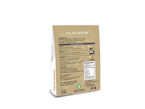 Indian Kitchen Foods Freeze Dried Ready To Eat Spinach with Cottage Cheese and Sauce (Palak Paneer) - Rehydrated Wt. 9.50 oz