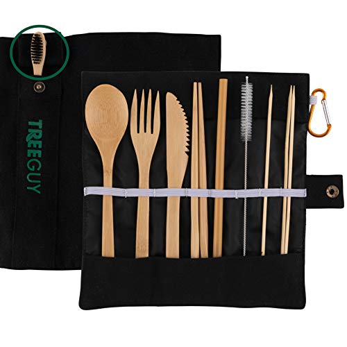 TreeGuy Bamboo Utensils Set With Bamboo Toothbrush And Toothpicks/Travel Cutlery (1 Pack, Black)