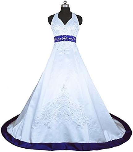 YanLian Embroidery Satin Halter Wedding Dress Bridal Gown White-Royal Blue US16
