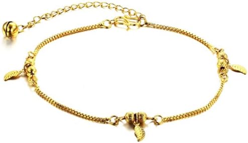 NP JEWELRY - 18K Gold Plated Anklet Golden Leaf Design, Adjustable Length Anklets Beaded Foot Bracelet