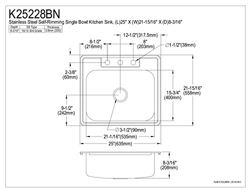 Kingston Brass K25228BN 22 Gauge Single Bowl Stainless Steel Self-Rimming Kitchen Sink, Brushed Nickel