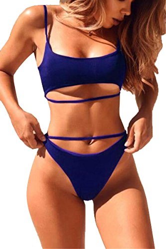 ESONLAR Womens High Cut 2pcs Swimsuit Scoop Neck Cropp Top Cutout Strappy Thong Bikini Suit Sapphire Blue M - Thumbnail 5